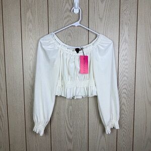 With Jules Big Girls Long-Sleeve Velvet Smocked Peplum Top Medium Cream $58